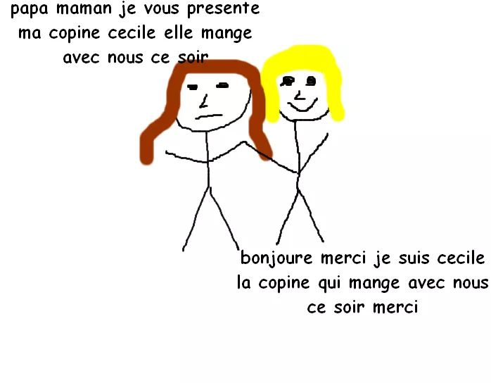 papa maman je vous presente ma copine cecile elle mange avec nous ce soir ; bonjoure merci je suis cecile la copine qui mange avec nous ce soir merci
