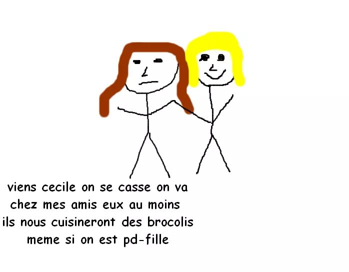 viens cecile on se casse on va chez mes amis eux au moins ils nous cuisineront des brocolis meme si on est pd-fille