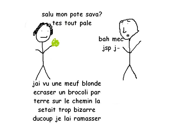 salu mon pote sava? tes tout pale ; bah mec jsp j- ; jai vu une meuf blonde ecraser un brocoli par terre sur le chemin la setait trop bizarre ducoup je lai ramasser